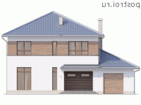 Q-203-1P проект двухэтажного дома из пенобетона с гаражом размером 16 на 14 - вид спереди