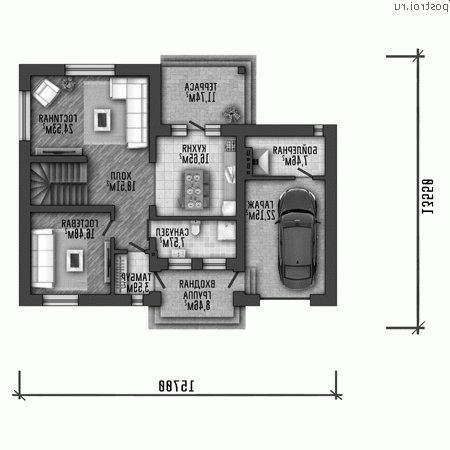 Q-204-1P проект двухэтажного дома из пенобетона с гаражом размером 16 на 14  - 1-й этаж