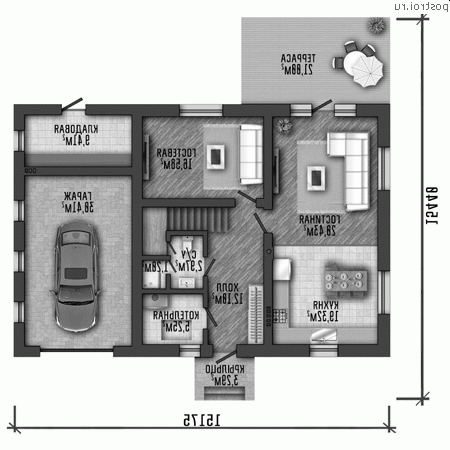 Q-206-1P проект двухэтажного дома из пенобетона с гаражом размером 15 на 15 - 1-й этаж
