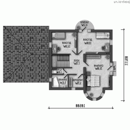 Q-210-1P проект двухэтажного дома из пенобетона с гаражом размером 18 на 16 - 2-й этаж