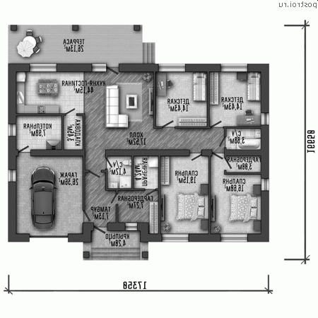 Q-213-1P проект одноэтажного дома из пенобетона с гаражом размером 17 на 17 - 1-й этаж