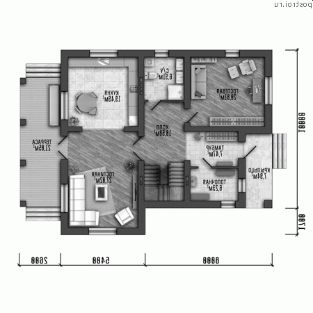 Q-218-1P проект двухэтажного дома из пенобетона размером 12 на 16 - 1-й этаж