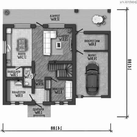 Q-220-1P проект двухэтажного дома из пенобетона с гаражом размером 14 на 14 - 1-й этаж