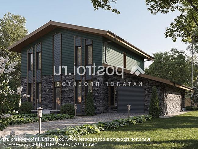 Q-220-1P проект двухэтажного дома из пенобетона с гаражом размером 14 на 14