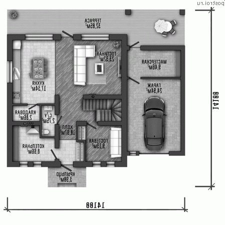 Q-220-2P проект двухэтажного дома из пенобетона с гаражом размером 14 на 14 - 1-й этаж