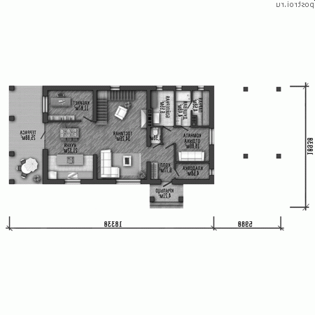 Q-232-1P проект одноэтажного дома из газобетона с мансардой и гаражом размером 24 на 11 - 1-й этаж
