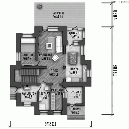 Q-233-1P проект двухэтажного дома из газобетона размером 13 на 13 - 1-й этаж
