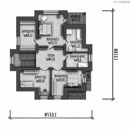 Q-233-1P проект двухэтажного дома из газобетона размером 13 на 13 - 2-й этаж