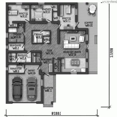Q-263-1P проект одноэтажного дома из пеноблоков с гаражом размером 19 на 22 - 1-й этаж