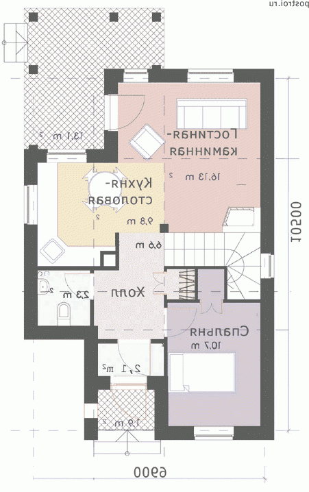 R-104-1P проект двухэтажного коттеджа из пенобетона размером 11 на 7  - 1-й этаж