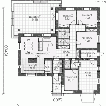 R-177-1P проект одноэтажного дома из пеноблоков с гаражом размером 18 на 18  - 1-й этаж