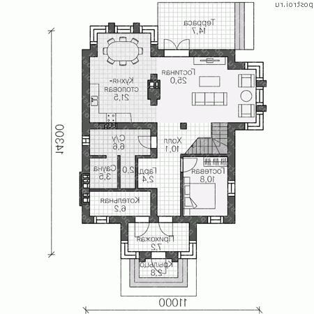 R-192-1P проект двухэтажного коттеджа из пенобетона размером 14 на 11  - 1-й этаж