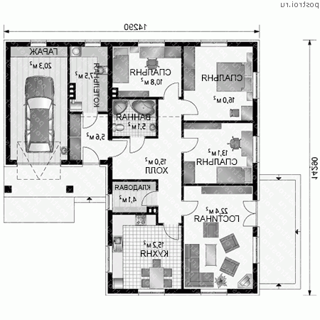 R-193-1K проект одноэтажного дома из кирпича с гаражом размером 14 на 14  - 1-й этаж