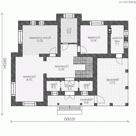 R-194-1P проект двухэтажного коттеджа из пенобетона размером 14 на 17  - 1-й этаж