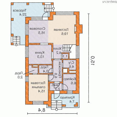 R-201-1K проект двухэтажного дома из кирпича размером 8 на 15  - 1-й этаж
