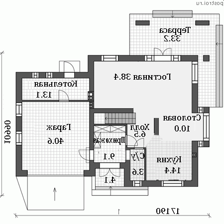 R-214-1P проект двухэтажного дома из пенобетона с гаражом размером 17 на 11 - 1-й этаж