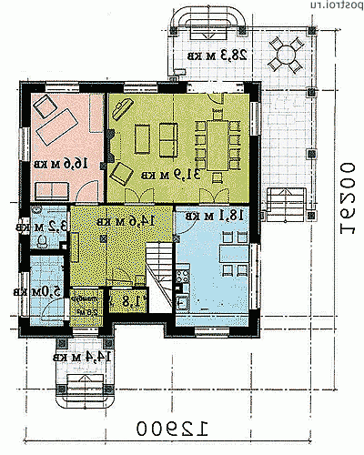 R-216-1K проект двухэтажного дома из кирпича размером 16 на 13  - 1-й этаж