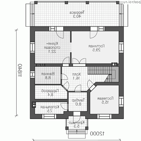 R-229-1P проект двухэтажного коттеджа из газобетона размером 12 на 12 - 1-й этаж