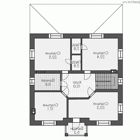 R-229-1P проект двухэтажного коттеджа из газобетона размером 12 на 12 - 2-й этаж
