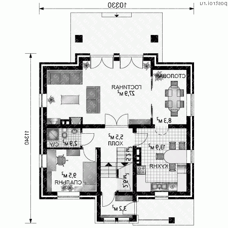 R-235-1K проект одноэтажного коттеджа из кирпича с мансардой размером 11 на 10  - 1-й этаж