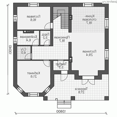 R-267-1K проект двухэтажного дома из кирпича с мансардой размером 14 на 13  - 1-й этаж