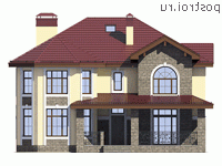 R-267-1K проект двухэтажного дома из кирпича с мансардой размером 14 на 13  - вид спереди