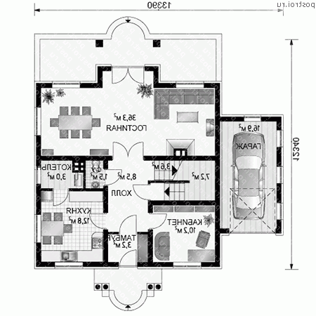 R-293-1K проект одноэтажного дома из кирпича с мансардой и гаражом размером 12 на 13  - 1-й этаж