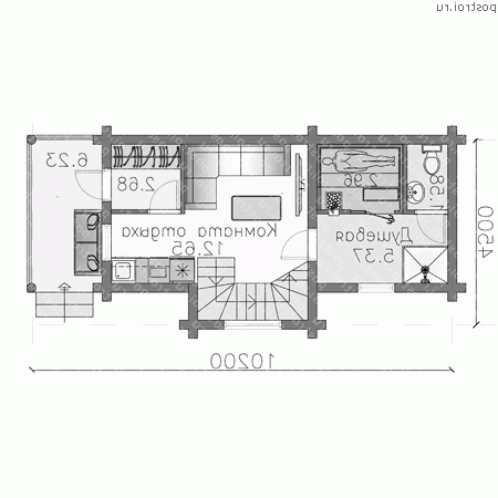 T-051-1D проект одноэтажной деревянной бани из бревна с мансардой размером 5 на 10  - 1-й этаж