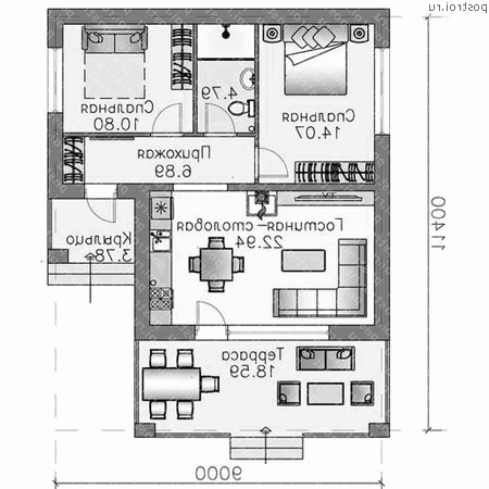 T-070-1P проект одноэтажного дома из пеноблока размером 9 на 11 - 1-й этаж