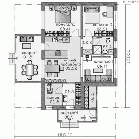 T-086-1P проект одноэтажного дома из пеноблока размером 12 на 12  - 1-й этаж