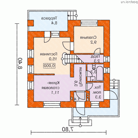 T-096-1K проект двухэтажного коттеджа из кирпича размером 8 на 8  - 1-й этаж
