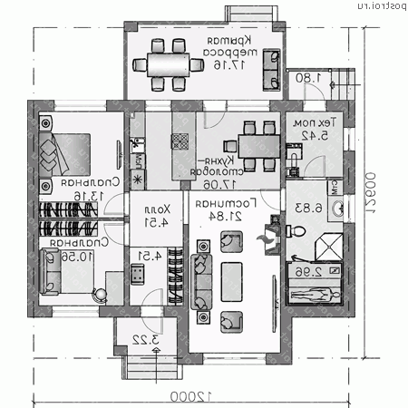 T-097-1P проект одноэтажного коттеджа из пеноблока размером 13 на 12  - 1-й этаж