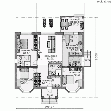 T-124-1P проект одноэтажного коттеджа из газобетона размером 15 на 13 - 1-й этаж