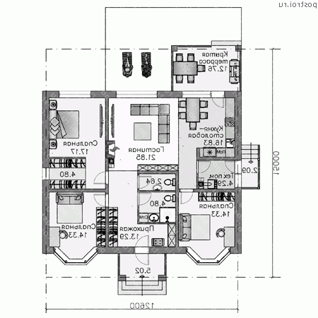T-124-1P проект одноэтажного коттеджа из газобетона размером 15 на 13 - 1-й этаж (вариант 2)