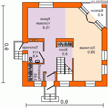 T-125-1K проект двухэтажного коттеджа из кирпича размером 9 на 9  - 1-й этаж