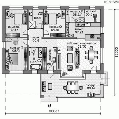 T-159-1K проект одноэтажного коттеджа из кирпича размером 15 на 14 - 1-й этаж