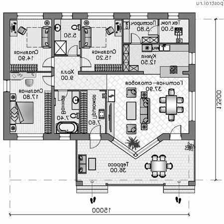 T-159-2K проект одноэтажного коттеджа из кирпича размером 15 на 14 - 1-й этаж