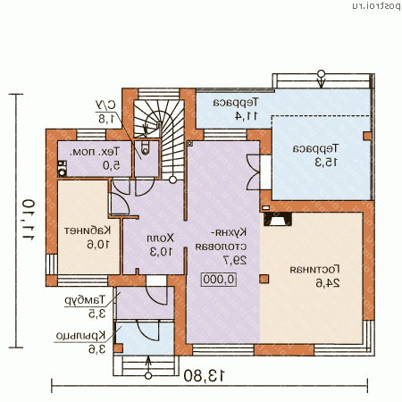 T-161-1P проект двухэтажного дома из пеноблоков размером 11 на 14  - 1-й этаж