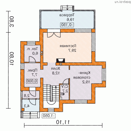 T-166-2P проект двухэтажного дома из пеноблоков размером 14 на 11  - 1-й этаж