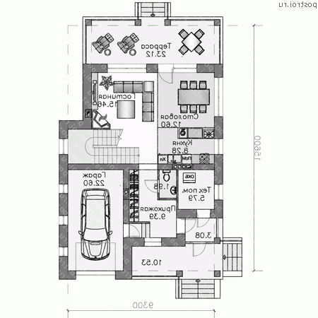 T-181-1P проект двухэтажного дома из пеноблоков с гаражом размером 16 на 9  - 1-й этаж