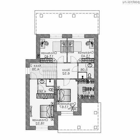 T-181-1P проект двухэтажного дома из пеноблоков с гаражом размером 16 на 9  - 2-й этаж