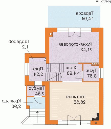 T-192-1P проект двухэтажного коттеджа из пенобетона с цоколем и гаражом размером 11 на 9  - 1-й этаж