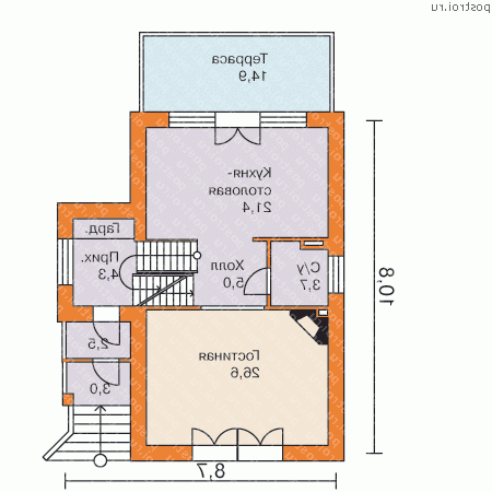 T-192-3P проект двухэтажного коттеджа из пенобетона с цоколем и гаражом размером 11 на 9  - 1-й этаж