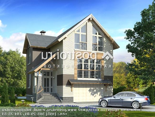 T-192-3P проект двухэтажного коттеджа из пенобетона с цоколем и гаражом размером 11 на 9 