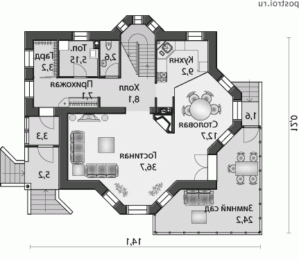 T-196-1P проект двухэтажного дома из пеноблоков размером 12 на 14  - 1-й этаж