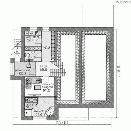T-198-1P проект одноэтажного коттеджа из пенобетона с цоколем размером 13 на 14  - цоколь