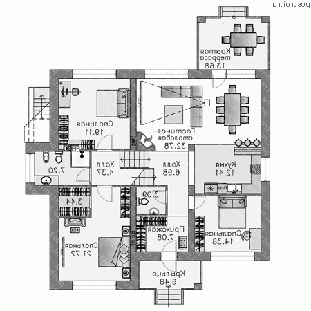 T-198-1P проект одноэтажного коттеджа из пенобетона с цоколем размером 13 на 14  - 1-й этаж