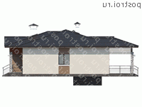 T-198-1P проект одноэтажного коттеджа из пенобетона с цоколем размером 13 на 14  - вид слева