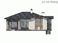 T-198-1P проект одноэтажного коттеджа из пенобетона с цоколем размером 13 на 14  - вид сзади