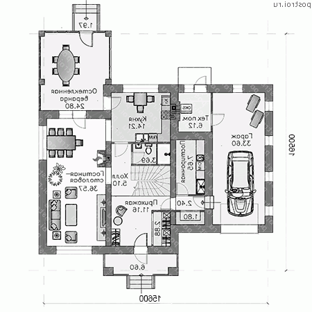 T-205-2P проект двухэтажного дома из газобетона с гаражом размером 17 на 16  - 1-й этаж